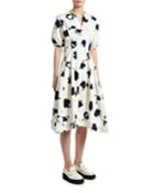 Short-sleeve Floral Gabardine Dress