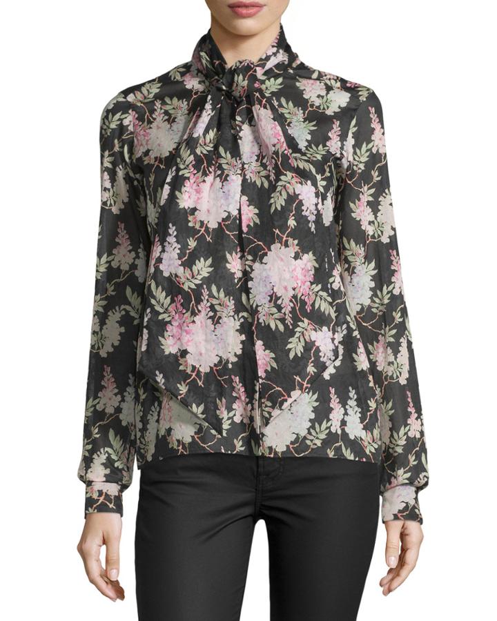 Gf Ferre Floral-print Tie-neck Blouse, Black/multi, Women's,