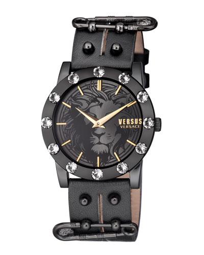 40mm Miami Crystal Watch W/ Studded Leather Strap, Black/black