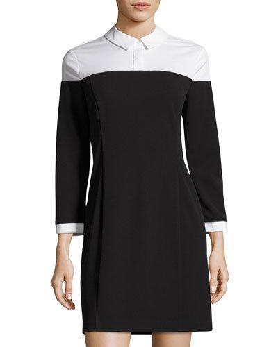 Two-tone Collared Shirtdress, Black
