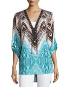 Printed Lace-up 3/4-sleeve Top, Aqua
