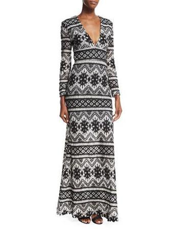 Anna Maria Long-sleeve Printed Gown, Black/white