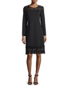 Long-sleeve Lace-inset Sheath Dress, Black