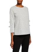 Windowpane 3/4-sleeve Knit Top With Bow Accents