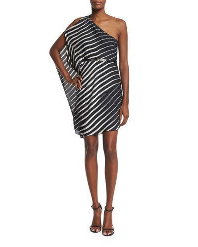 One-sleeve Striped Caftan Dress, Black/oyster