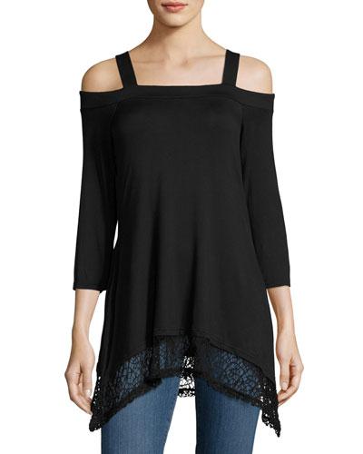 Lace-trim Cold-shoulder Top, Black