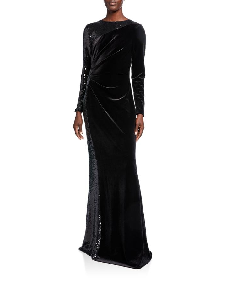 Jewel-neck Long-sleeve Velvet Gown W/