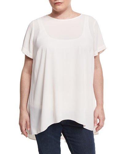 Short-sleeve High-low Hem Blouse, Pink,