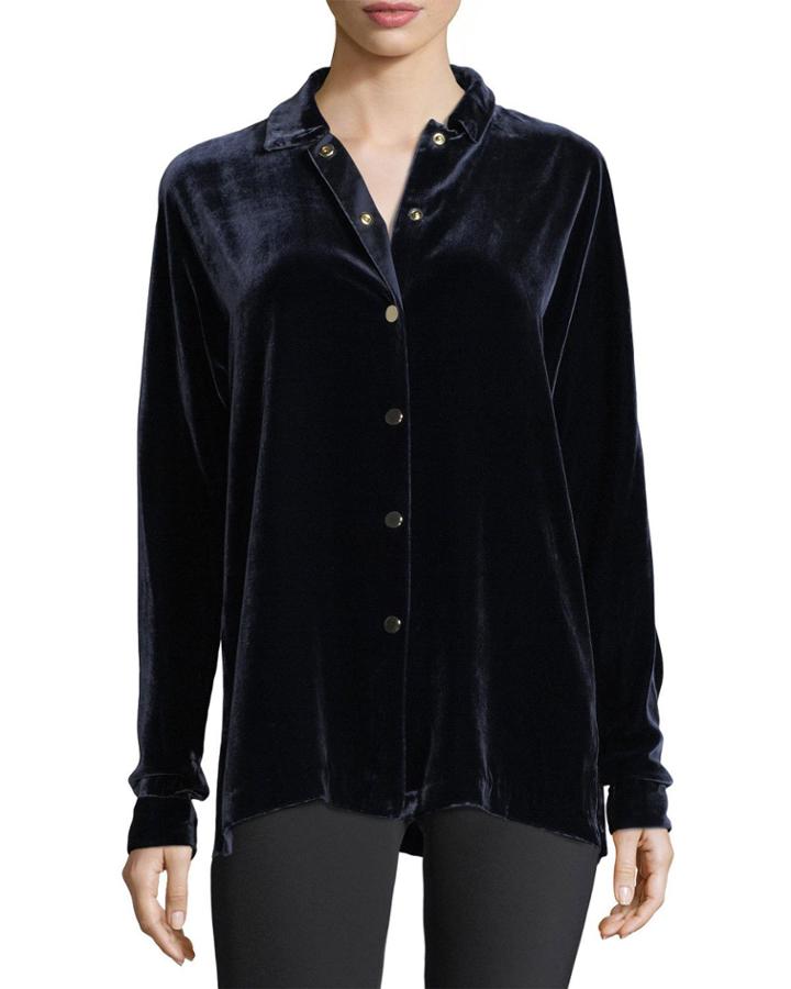 Carlita Long-sleeve Snap-front Velvet Blouse