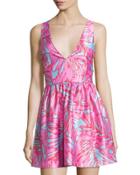 Fit-and-flare Palm-print Dress, Pink/blue