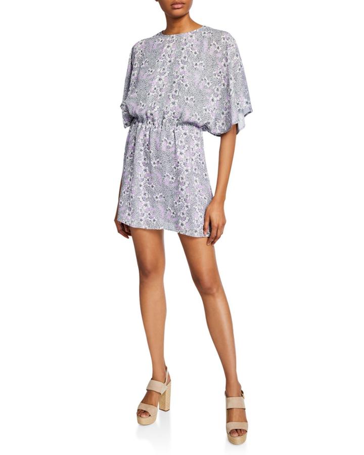Floral-print Blouson Butterfly-sleeve Dress