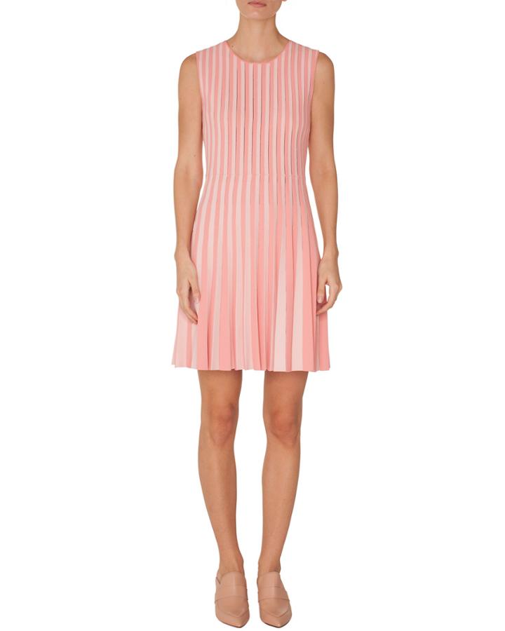 Crewneck Sleeveless Striped Pleated Dress