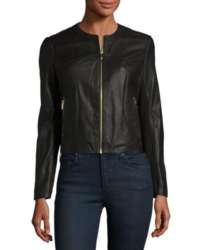 Zip-front Leather Jacket, Black