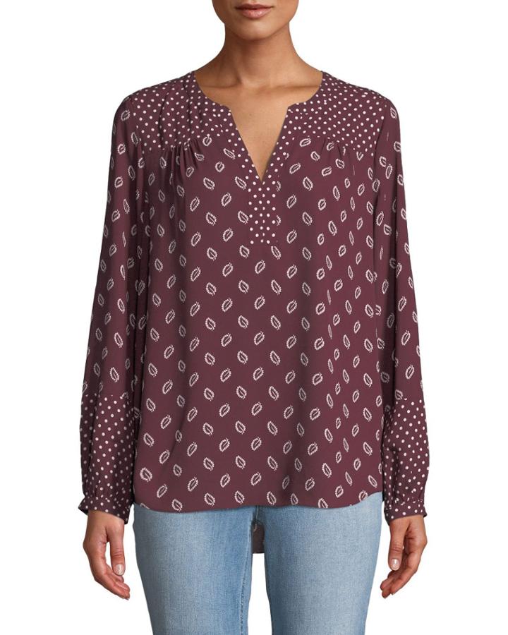 Mixed-print Peasant Blouse, Red