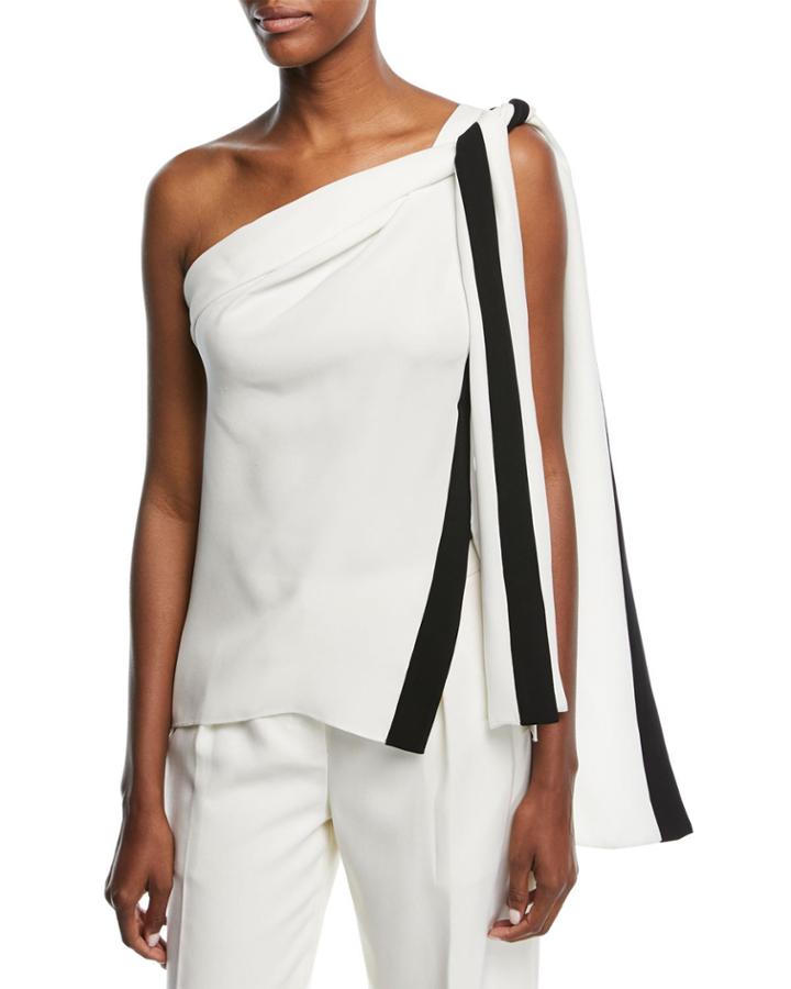 One-shoulder Silk Blouse With Ribbon Ties