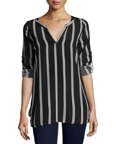 Long-sleeve Stripe-print Tunic Top, Black
