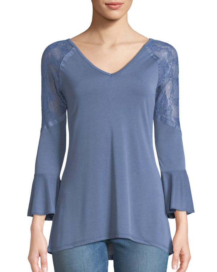 Bell-sleeve Lace-shoulder Blouse