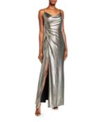 Cowl-neck Sleeveless Foiled Jersey Column Gown
