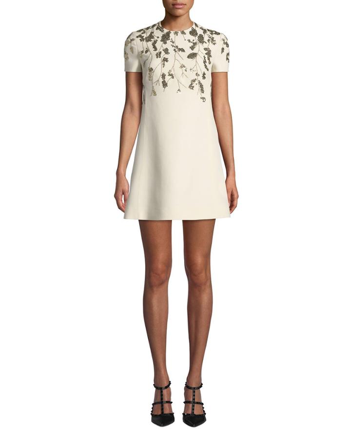 Golden-floral Embroidered Crepe Dress