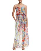 Light Mosaico Maxi Dress W/pockets, Celeste/arancio