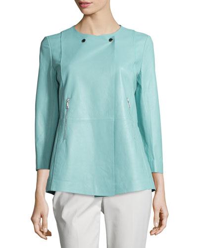 Dayle Open-front Leather Jacket, Ocean