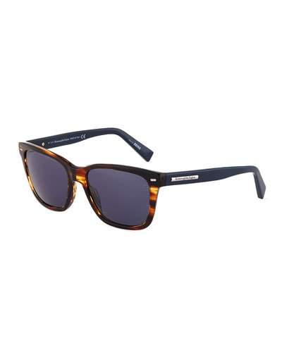 Two-tone Square Havana Plastic Sunglasses, Dark Brown/blue