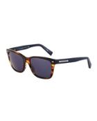 Two-tone Square Havana Plastic Sunglasses, Dark Brown/blue