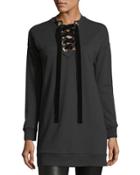 Velvet-ribbon Lace-up Sweatshirt Tunic