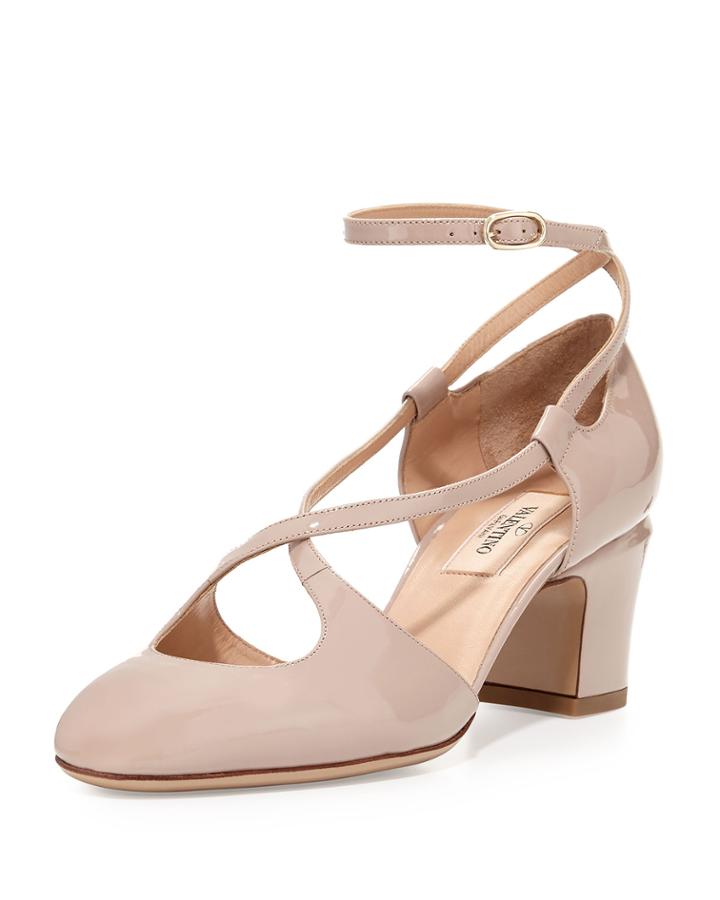 Valentino Crisscross Patent Ankle-wrap Pump, Nude, Women's, Size: