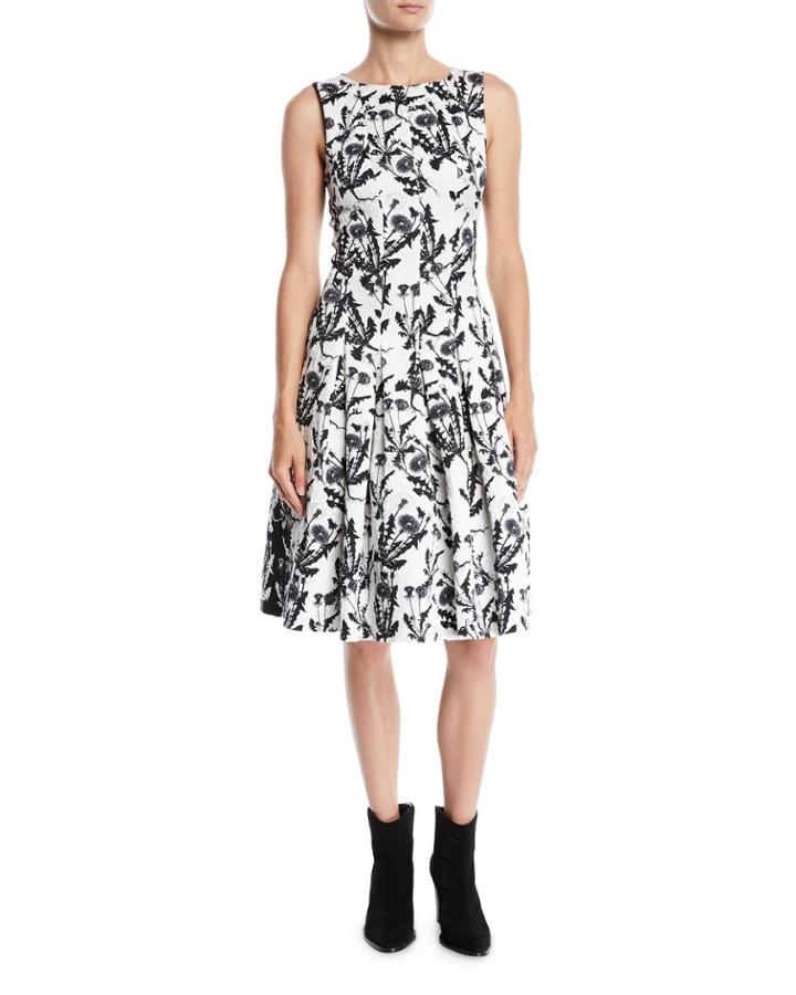 Sleeveless Bateau-neck Two-tone Floral-embroidered Fit-and-flare Dress With Pockets