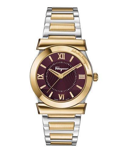 32mm Vega Two-tone Bracelet Watch W/ Burgundy Dial