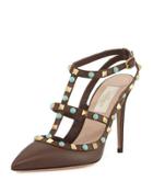Rockstud Cabochon Leather Caged Pump, Brown