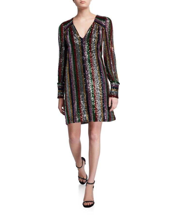 Lylah Rainbow Multistripe Sequin V-neck Blouson-sleeve Dress