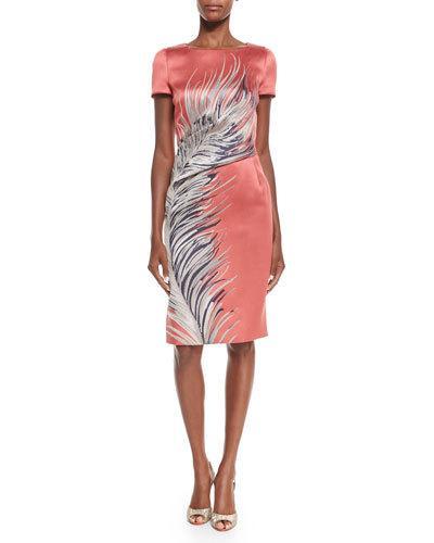 Short-sleeve Large-feather Cocktail Dress, Coral/beige