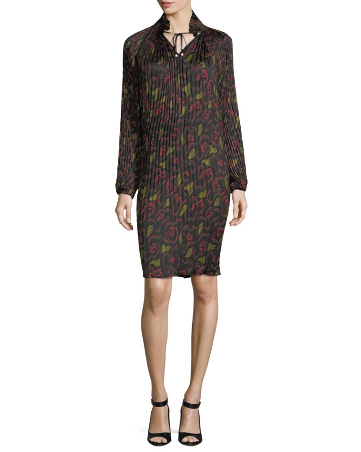 Pleated Floral-print Split-neck Dress