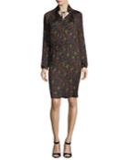 Pleated Floral-print Split-neck Dress