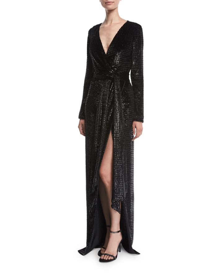 Long-sleeve V-neck Shimmery Velvet Gown