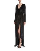 Long-sleeve V-neck Shimmery Velvet Gown