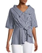 Half-sleeve Tie-front Gingham Blouse