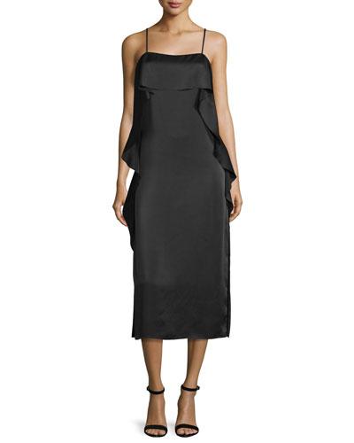 Marlee Ruffle-trim Satin Midi Dress, Black