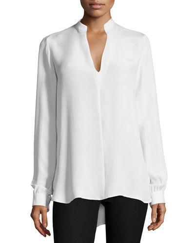 Long-sleeve Silk Split-back Tunic, Off White