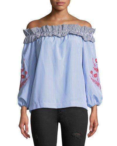 Off-the-shoulder Striped Embroidered Blouse