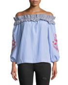 Off-the-shoulder Striped Embroidered Blouse