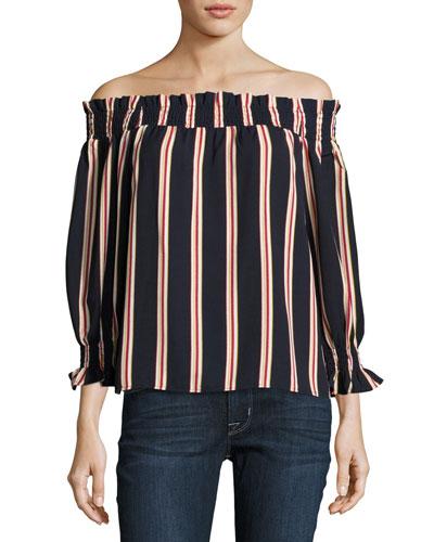 Striped Off-the-shoulder Top, Blue/red