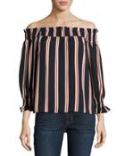 Striped Off-the-shoulder Top, Blue/red