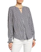 Pleated Stripe & Paisley Printed Beaded Neck Blouse