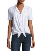 Kiera Striped Tie-front Woven Top, White