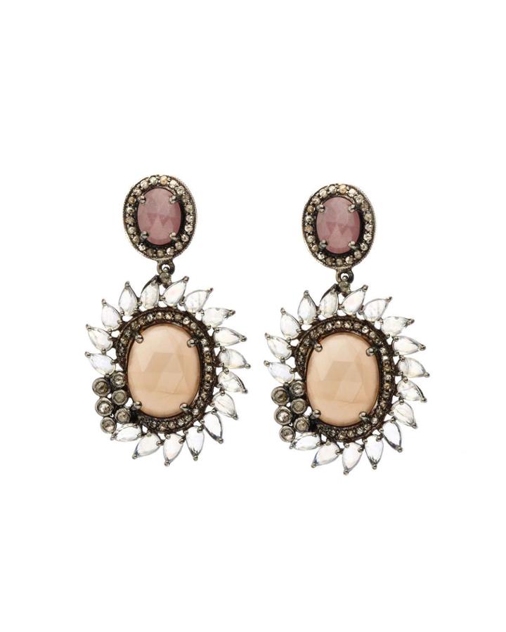 Black Silver Drop Earrings With Moonstone, Diamond & Pink