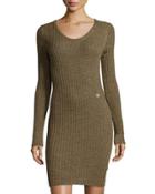 Ribbed Long-sleeve Sweaterdress, Brown
