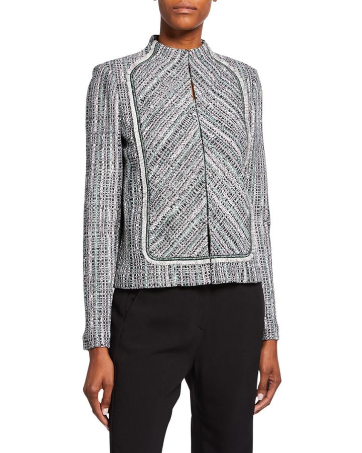 Ribbon Textured Inlay Jacket With Bib & Fringe Trim
